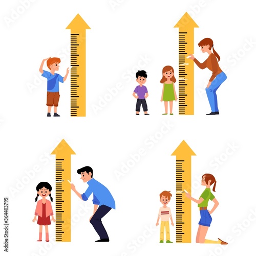 Kid height measure chart set - little cartoon children standing by ruler