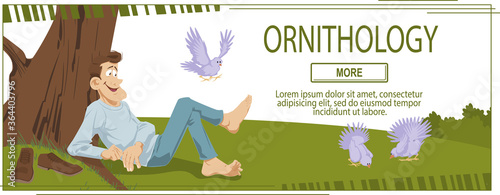 Young man is watching birds in park. Concept for website.Funny people.