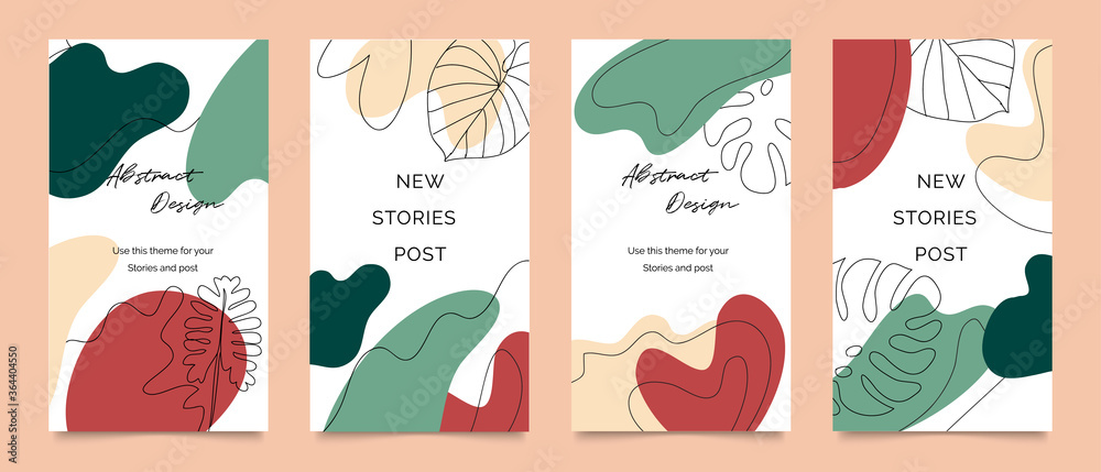 Social media stories and post template vector set. Abstract shapes cover background with floral and copy space for text and images. Vector illustration.