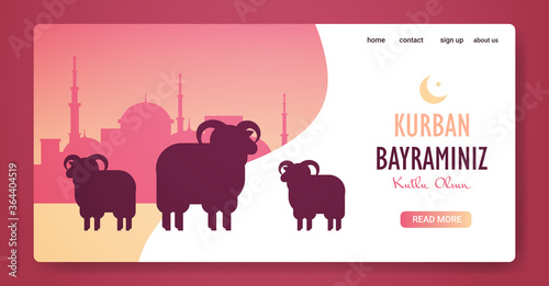 sheep silhouettes eid-al-adha mubarak muslim holiday banner kurban bayraminiz poster kutlu olsun greeting card horizontal vector illustration photo