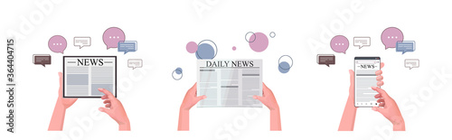 set human hands using digital gadgets reading daily news online newspaper press mass media chat bubble communication concept horizontal vector illustration