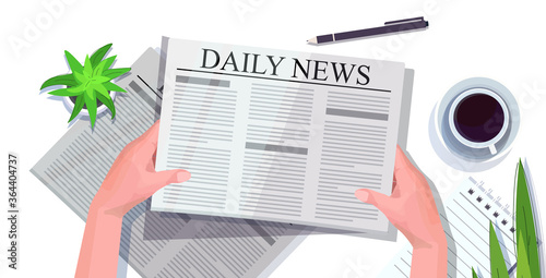 human hands reading newspaper daily news press mass media concept workplace desk top angle view horizontal vector illustration