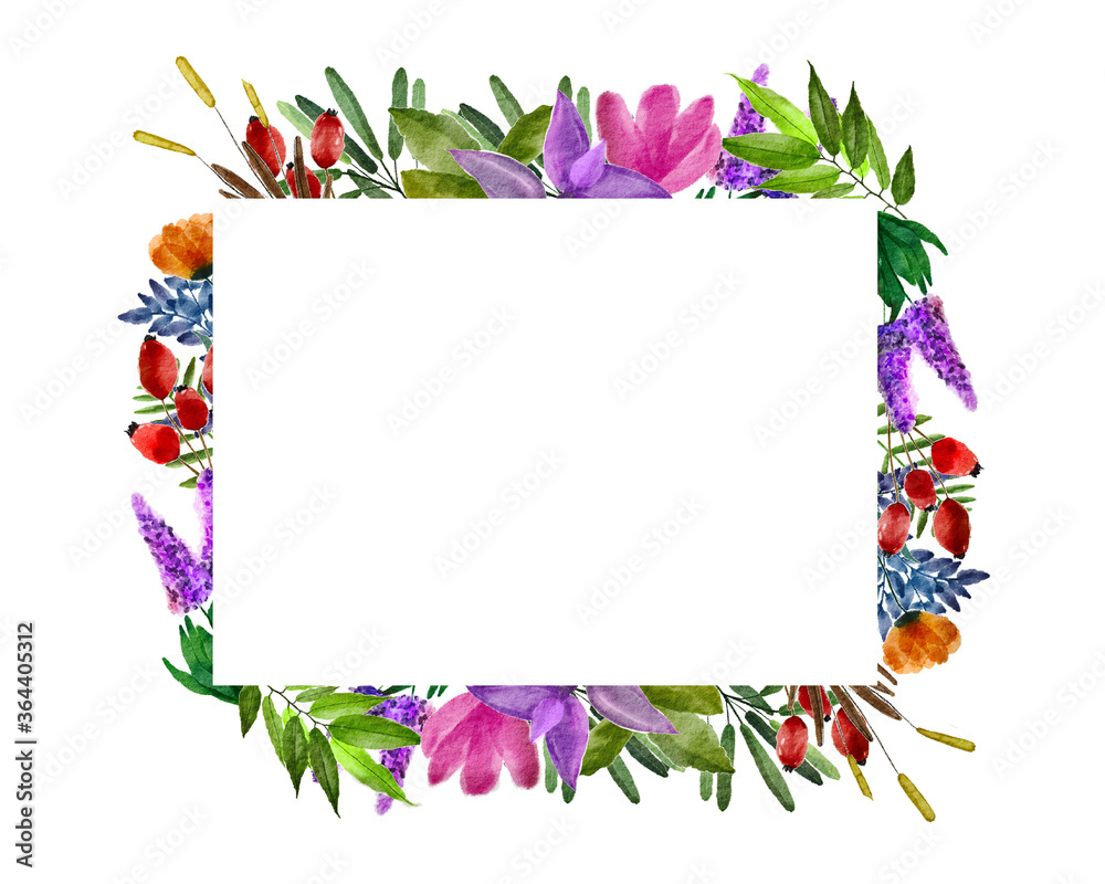 Fototapeta premium illustration greeting card with flora in watercolor format square, hand painted frame,Space for entering text