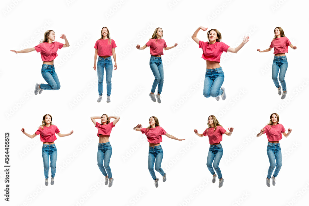 Set of images of a jumping young girl in jeans and a red T-shirt. Movement and energy. Collage. Isolated on a white background.