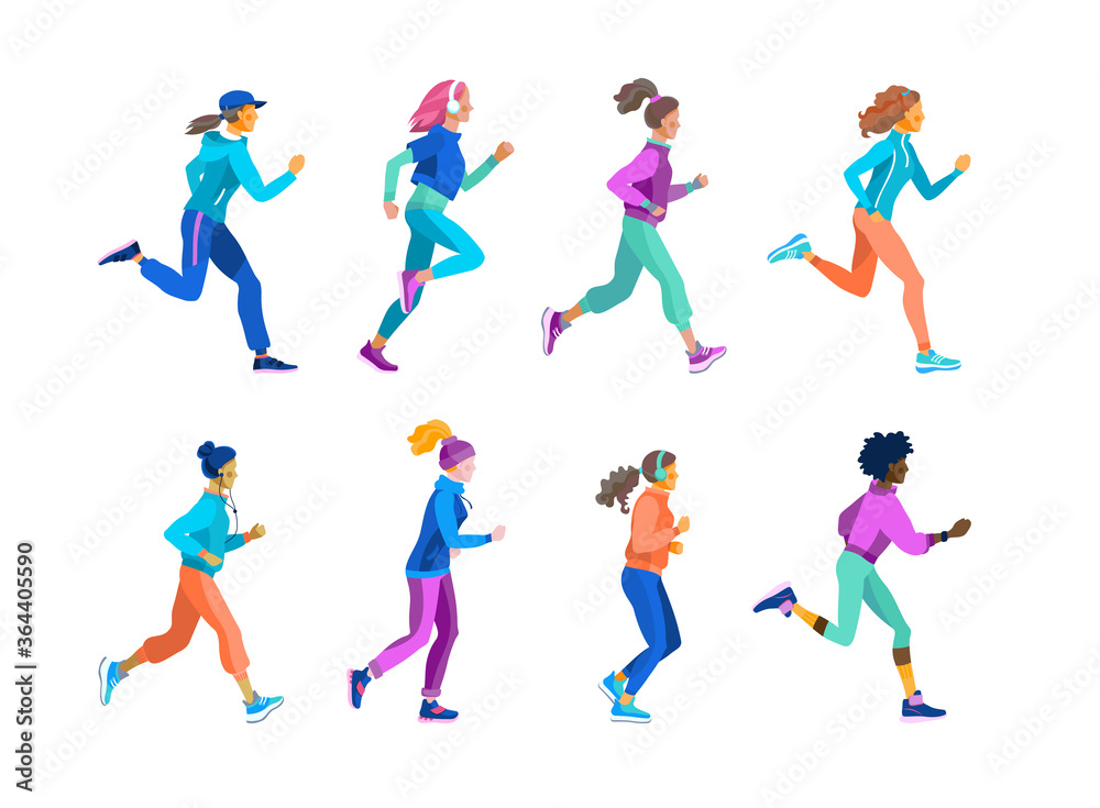Fototapeta Fit beautiful girls of different races on a run in the style cartoon. Vector illustration of young women running in bright sports clothes.