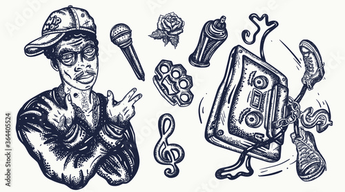 Hip hop music set. Tattoo collection. African American man rapper in baseball cap and glasses. Audio cassette, break dance. Tattooing musical street ghetto elements