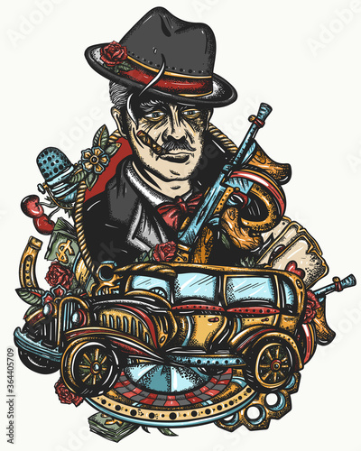 Retro cinema art. Crime man smokes cigar, gangster car, casino roulette, weapons, playing cards. Criminal mafia boss portrait. Gangster leader. Old noir detective movie concept