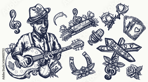 Blues music elements. Tattoo vector collection. Elderly Afro American bluesman playing slide guitar. Musical legend, crossroads 61/49 and devil