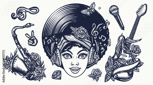 Funk music set. Tattoo vector collection. African American young funky woman. Disco and soul party hippie girl, saxophone, guitar. Traditional musical tattooing elements