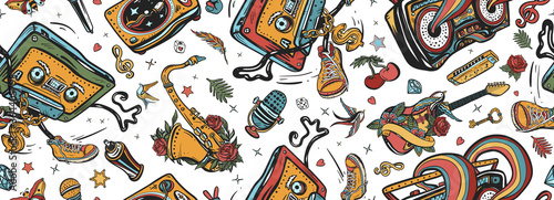 Hip hop art. Musical street culture. Boom box, vinyl, microphone, saxophone and guitar. Funny background. Old school music. Seamless pattern. Audio cassette dances break dance