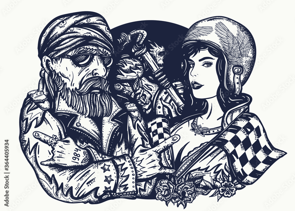 Bikers man and woman. Road racers lifestyle. Tattoo and t-shirt design. Bearded biker, rider sport moto girl, female motorcyclist Bikers man and woman. Road racers lifestyle. Tattoo and t-shirt design. Bearded biker, rider sport moto girl, female motorcyclist
