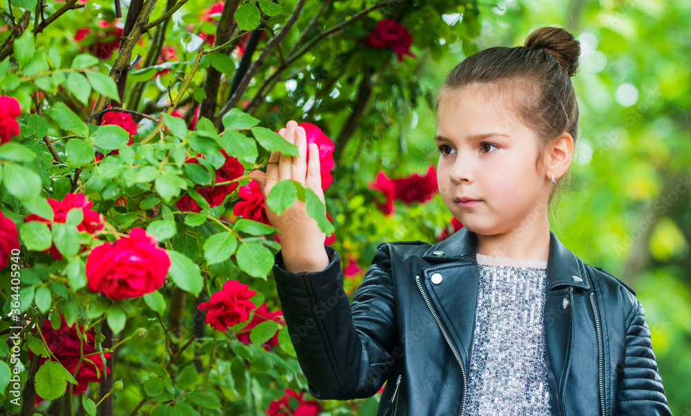 Sincere joy. spring and summer nature. little girl in garden. child enjoy blossom in park. small cute lady in leather jacket. happy childhood. beauty and fashion. pretty kid smell rose flower Sincere joy. spring and summer nature. little girl in garden. child enjoy blossom in park. small cute lady in leather jacket. happy childhood. beauty and fashion. pretty kid smell rose flower