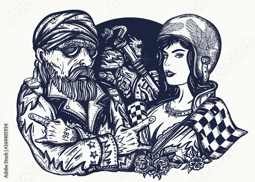 Bikers man and woman. Road racers lifestyle. Tattoo and t-shirt design. Bearded biker, rider sport moto girl, female motorcyclist