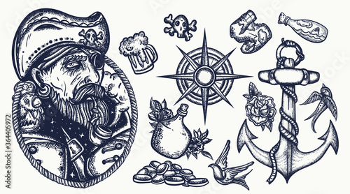 Pirates set. Tattoo vector collection. Captain, parrot, compass, anchor, rum, treasure island, swallows. Sea adventure. Traditional tattooing style
