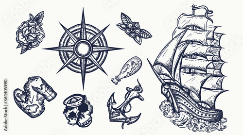 Pirates elements. Tattoo vector collection. Ship in storm, compass, anchor, rum, treasure island map, swallows. Sea adventure set