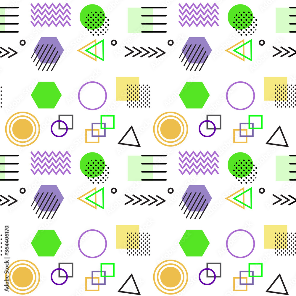 Naklejka premium Memphis style with geometric pattern, vector illustration with geometric figures. Trendy seamless pattern