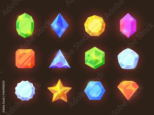Game color crystals set. Shiny jewelry of various geometric shapes blue diamonds orange sapphires green emeralds graphic game treasure vibrant for user rich mobile interface. Cartoon vector stone.