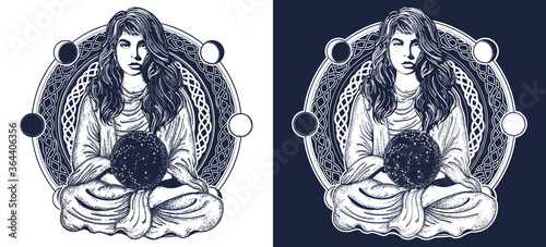 Woman meditation tattoo art. Girl in lotus pose. Symbol meditation, philosophy, astrology, magic, yoga. Black and white vector graphics