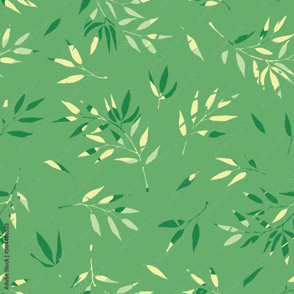 Naklejka premium Seamless pattern with leaves. Vector illustration in modern painting style. Background for packaging, textiles, printing products with green leaves.