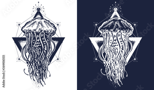 Esoteric jellyfish tattoo art t-shirt print design. Mystical symbol of adventure, dreams, deep sea. Creative geometric. Black and white vector graphics