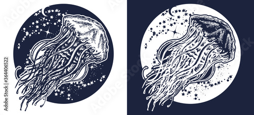 Jellyfish floats in deep space. Tattoo and t-shirt design. Deep sea art. Symbol of wandering, underwater, travel, meditation. Black and white vector graphics