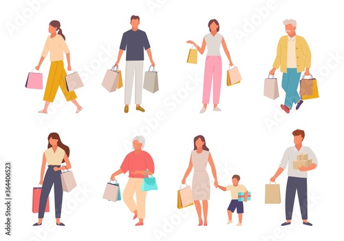 People with shopping set. Characters with paper bags returning from market happy woman child elderly man bags in both hands girl designer handbags. Consumer cartoon vector.