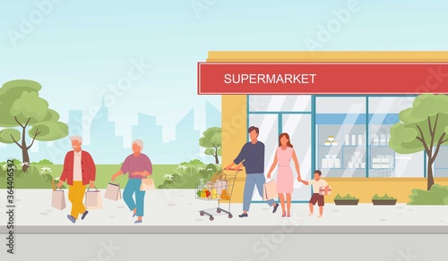 People with purchases from supermarket illustration. Reckless family characters leaves store loaded with bags of food and things happy trip together for updates supplies. Vector cartoon concept.
