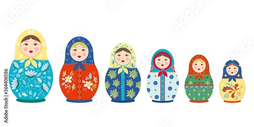 Matryoshka with tracery set. Traditional colored national Russian toy wooden girl with colorful flower ornaments folklore ethnic Slavic symbol of birth cycle. Folk vector.