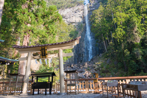 Nachi Falls in Nachikatsuura, Wakayama, Japan. It is part of the "Sacred Sites and Pilgrimage Routes in the Kii Mountain Range" UNESCO World Heritage Site.