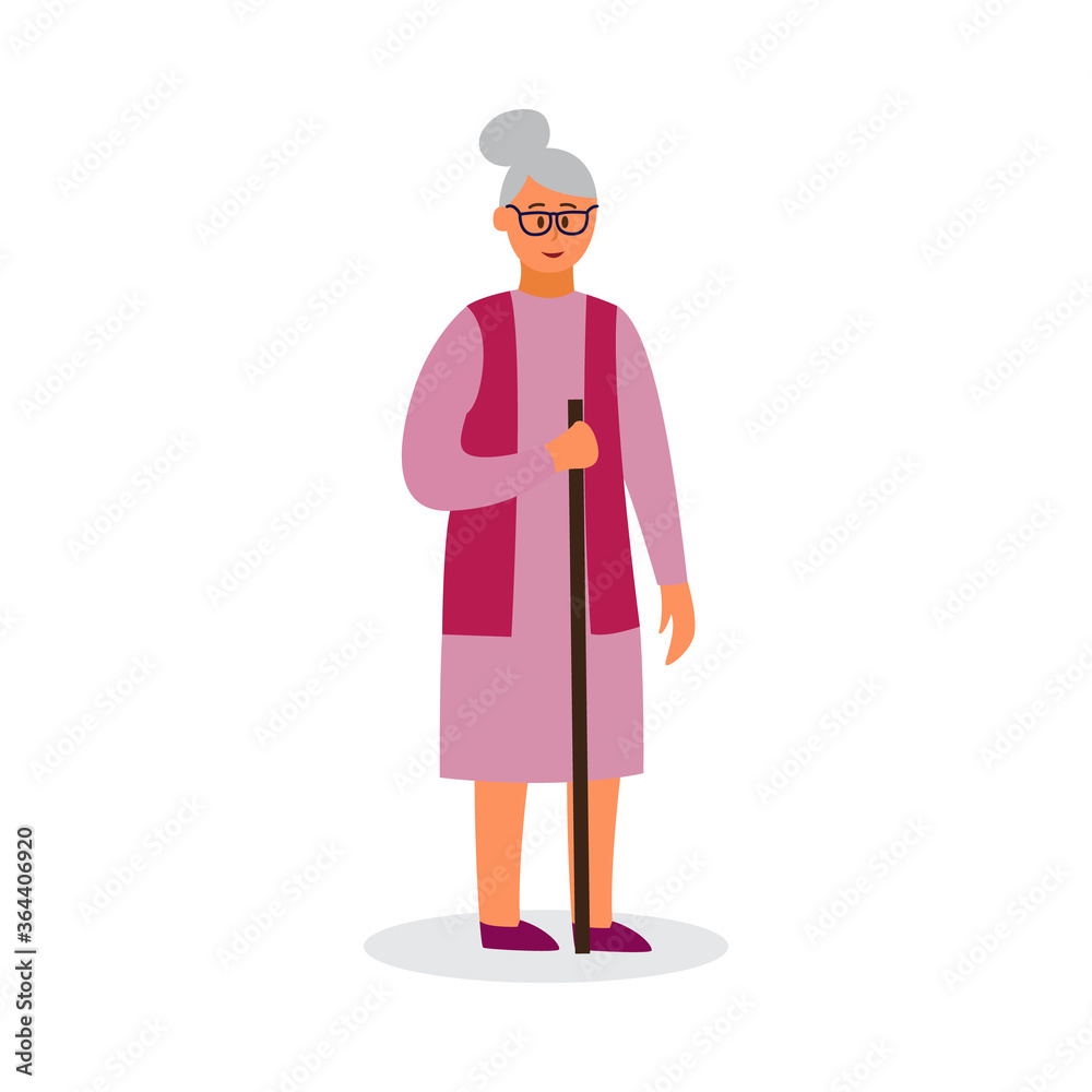 Cartoon old woman with cane, senior lady holding walking stick