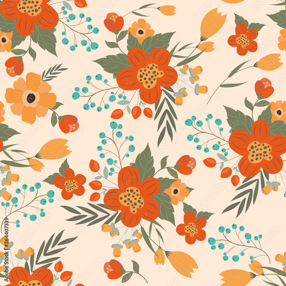 Seamless pattern of vector flowers on a light yellow background