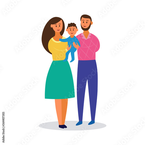 Happy young family holding little baby - cartoon parents smiling with toddler boy.