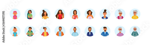 Human life cycle from child to elderly avatars set, vector illustration isolated.