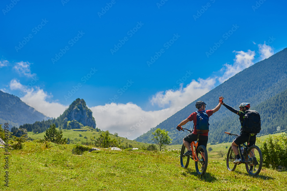 two men on mountain bikes standing in front of idyllic mountain scenery, clashing hands