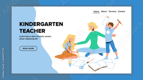 Kindergarten Teacher Teach Paint Children Vector Illustration