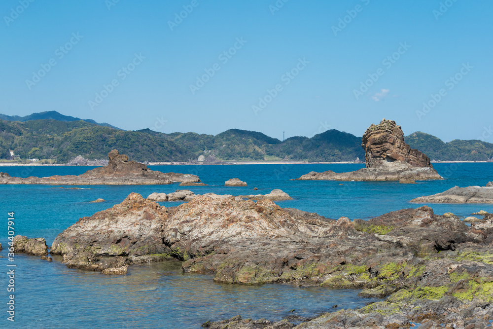 Ojaura Coast in Nachikatsuura, Wakayama, Japan. It is part of the Yoshino-Kumano National Park and Nanki Kumano Geopark.