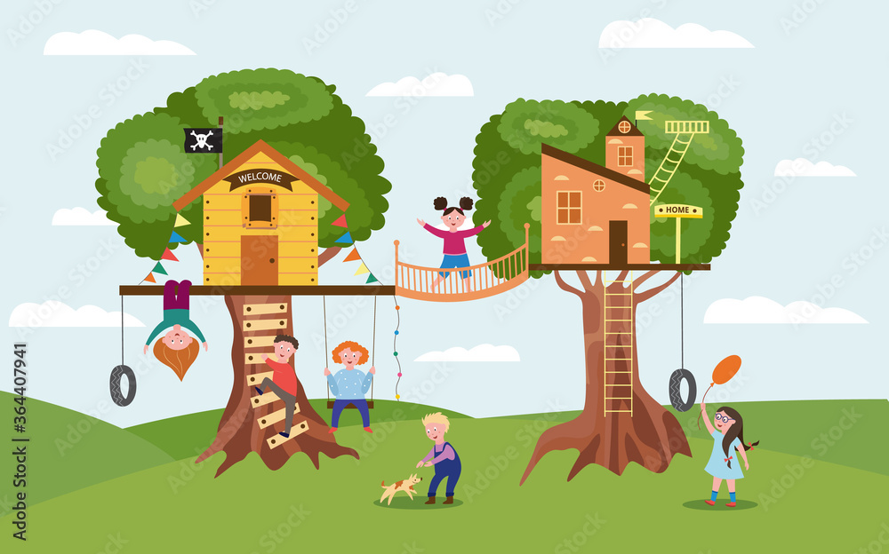 Naklejka premium Cartoon children playing together on fun tree house playground