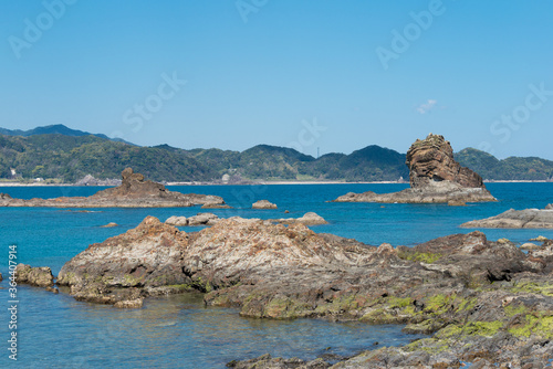 Ojaura Coast in Nachikatsuura, Wakayama, Japan. It is part of the Yoshino-Kumano National Park and Nanki Kumano Geopark.