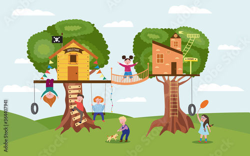 Cartoon children playing together on fun tree house playground