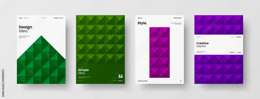 Naklejka premium Company identity brochure template collection. Business presentation vector A4 vertical orientation front page mock up set. Corporate report cover abstract geometric illustration design layout bundle.