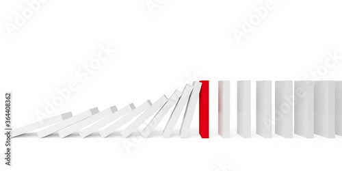 Fotografie Row of falling domino stones stopped by red domino stone over white background,