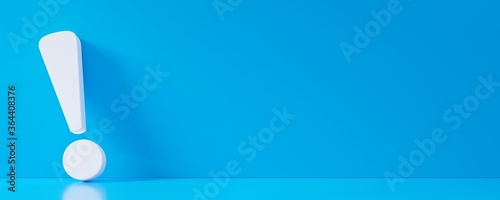 White exclamation mark or point symbol leaning against blue wall in blue floor room with copy space, solution, alert or info concept photo