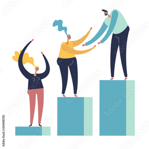 Cooperation concept. People giving support and help each other. Business team working together for success and growing. Flat style.