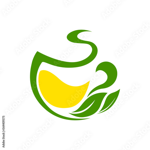 Tea with lemon isolated creative logo. Vector herbal hot drink with citrus fruit and garden herbs