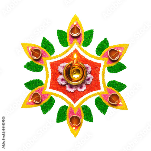 Konstfotografi Happy Diwali, oil lamp on colorful rangoli over white background