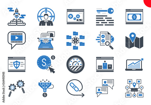 SEO Glyph Icons Set. SEO Related Vector Glyph Icons. Website and APP Design and Development. Simple Glyph Pictogram Pack. Stroke Vector Logo Concept, Web Graphic. Vector icons. 