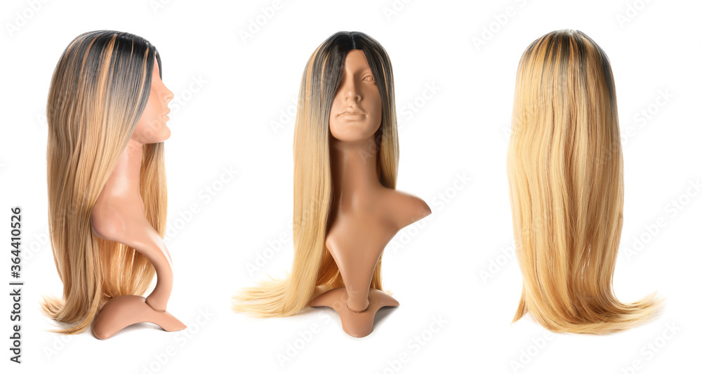 Mannequin with female wig on white background. Front, side and back view Mannequin with female wig on white background. Front, side and back view