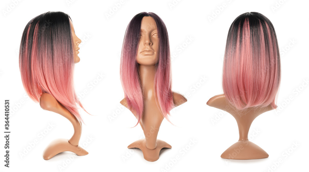 Mannequin with female wig on white background. Front, side and back view
