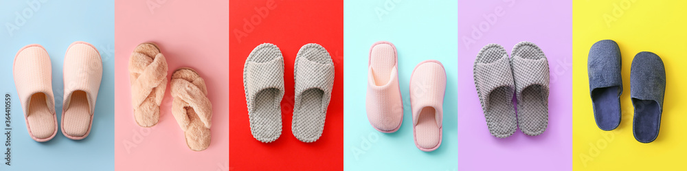 Pair of soft slippers on color background Pair of soft slippers on color background