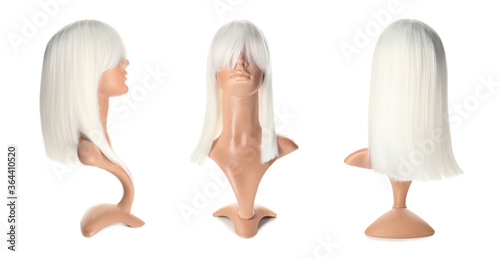 Mannequin with female wig on white background. Front, side and back view